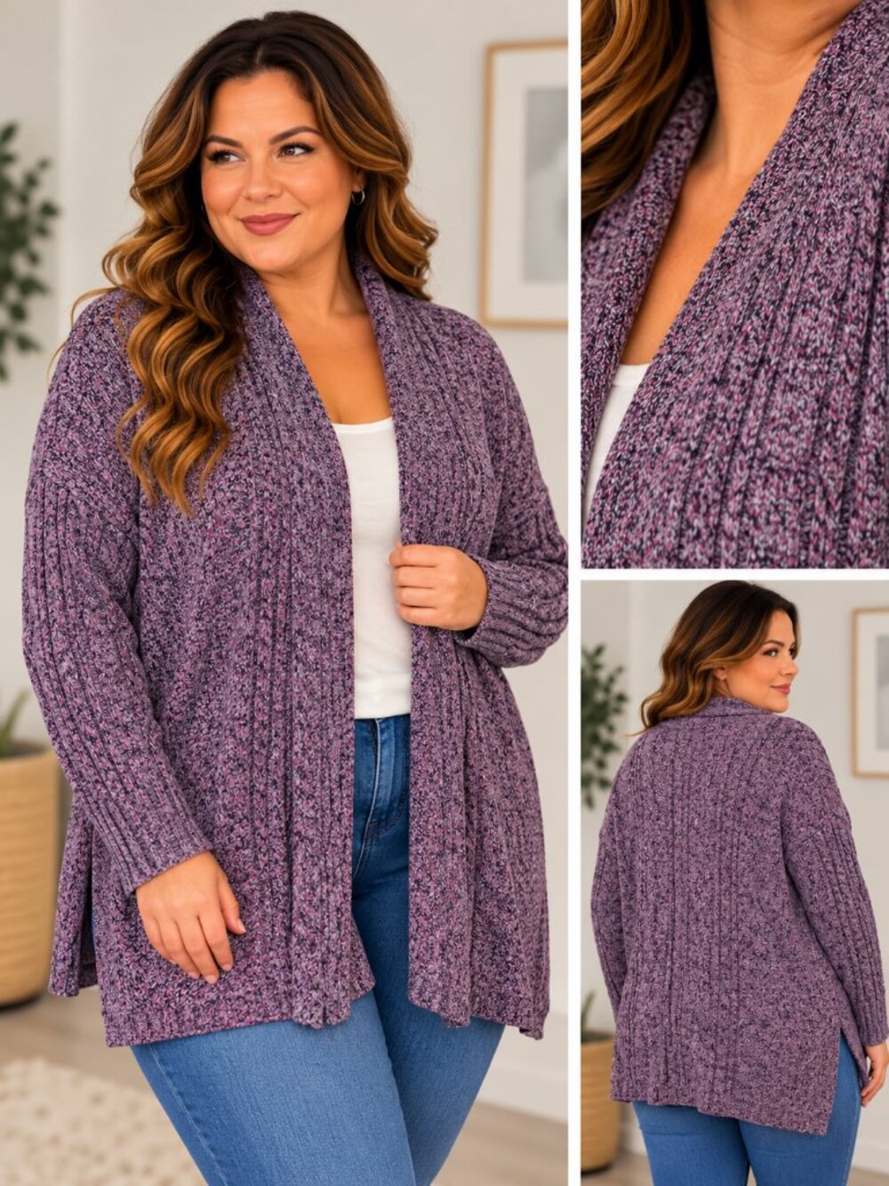 Kim Rogers Heathered Pink, Purple and Navy Open-Front Cable Cardigan Size XL